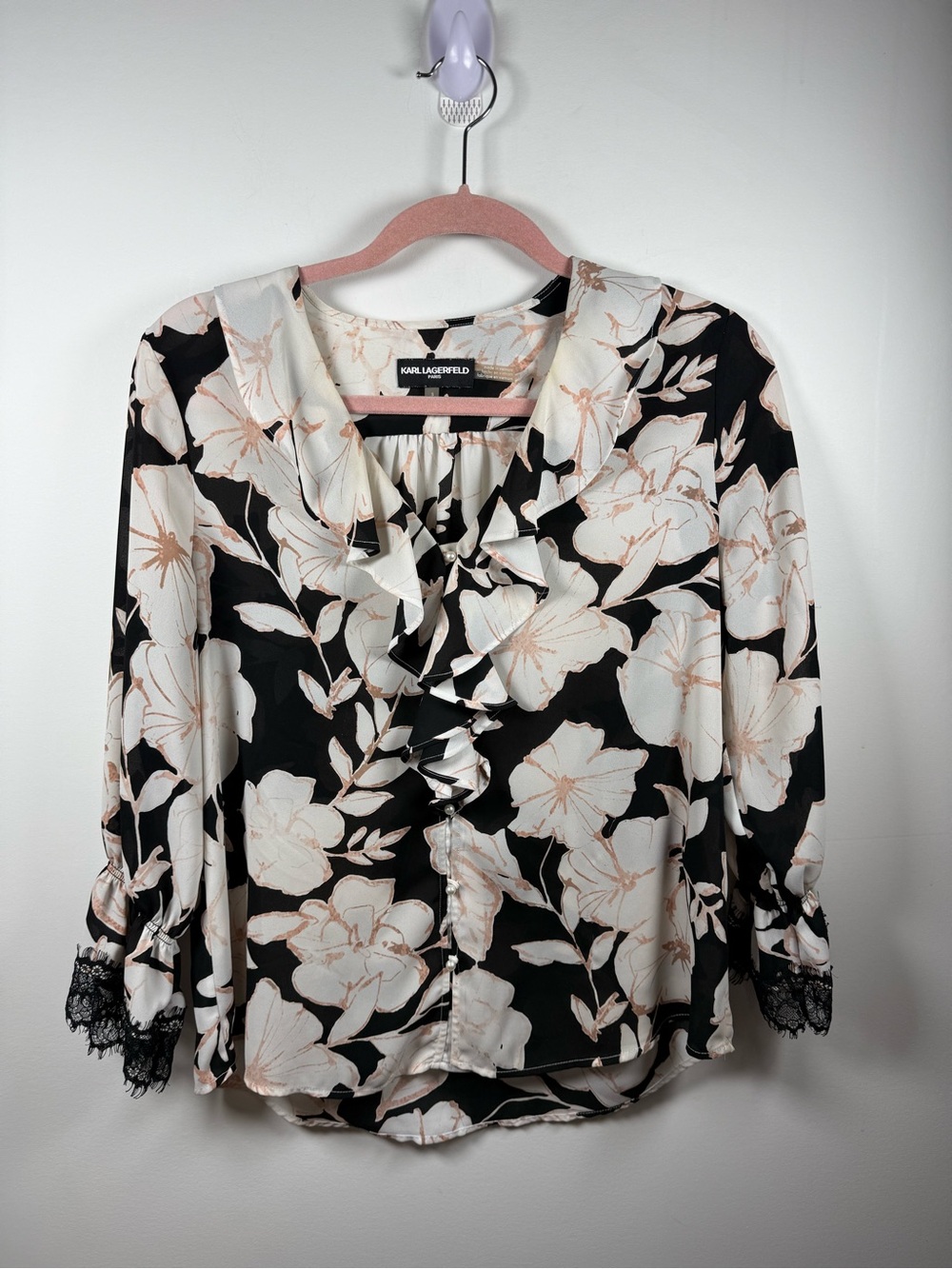 KARL LAGERFELD PARIS | Floral Ruffle Neck Lace Cuff Blouse Size S